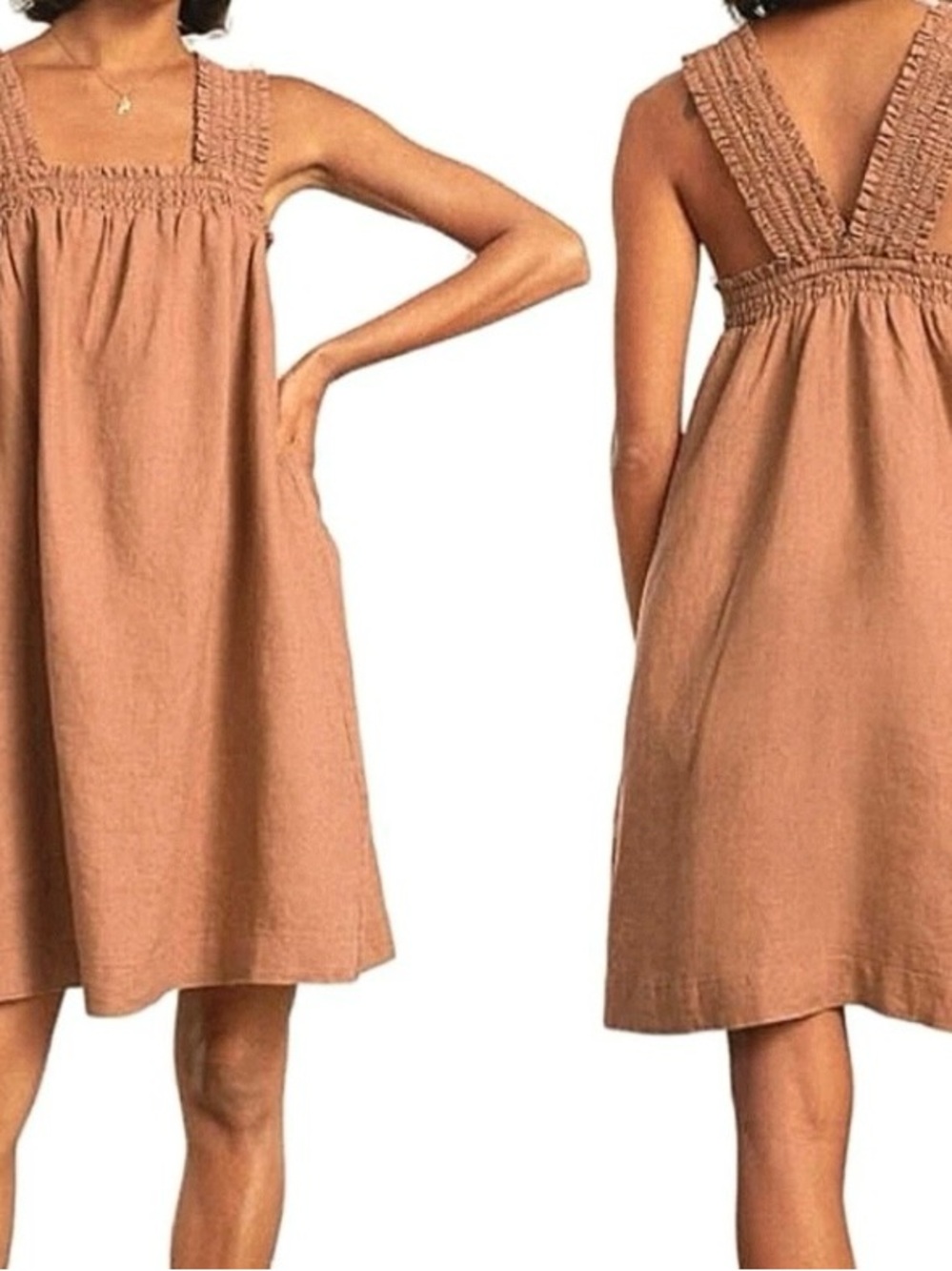 Everlane Smocked-Strap Mini Dress in Tan
